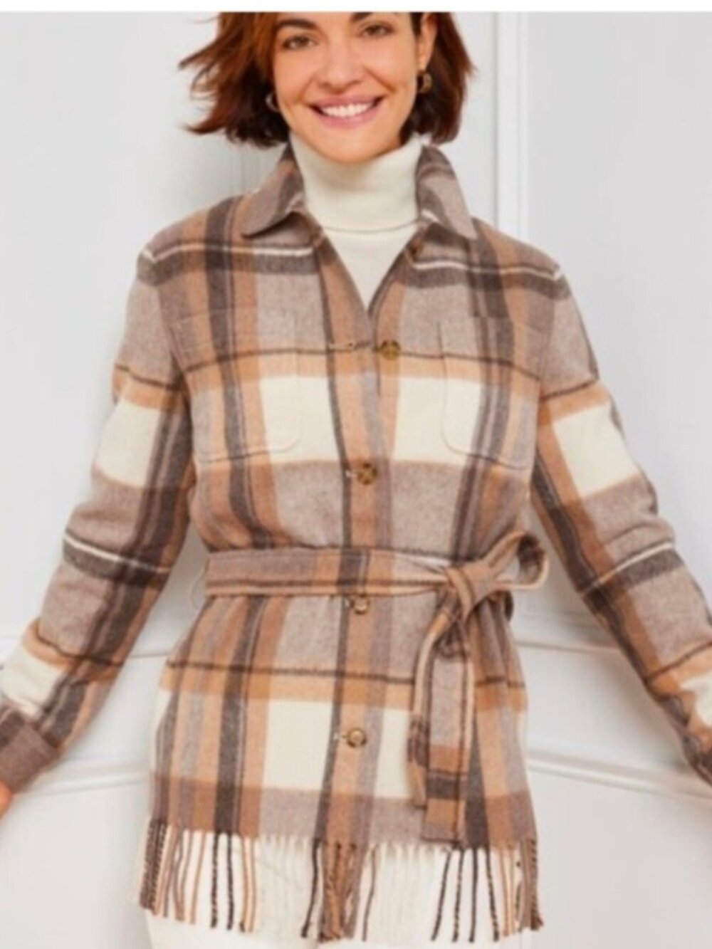 Talbots Italian Wool Blend Belted Button Down Plaid Tie Jacket NWT Sz L